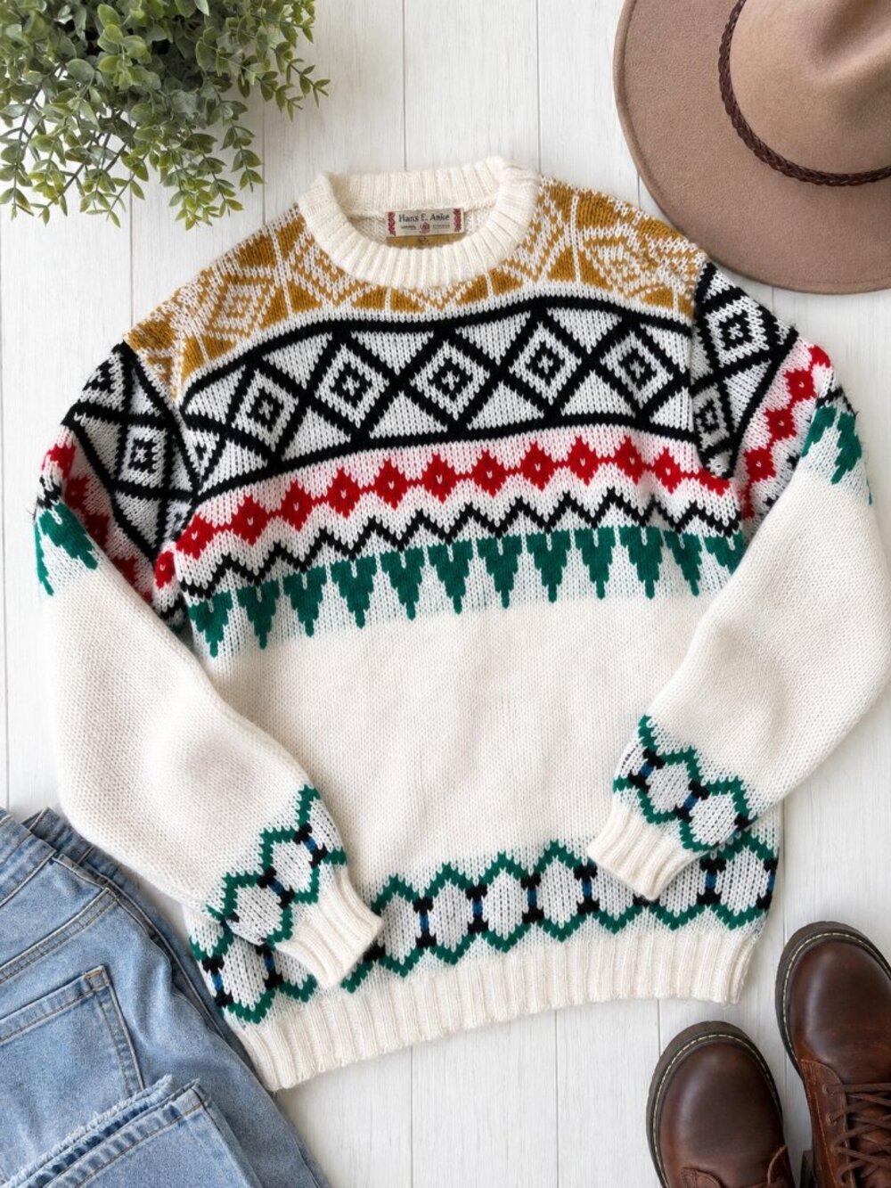 Hans E Anke Vintage Men's Large Fair Isle Geometric Knit Sweater
